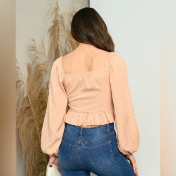 Cloud Ten Steph Long Sleeve Milkmaid Tie Front Crop Top Polka Dot Salmon Medium - Picture 8 of 12